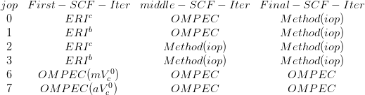 $ \begin{array}{cccc} jop & First-SCF-Iter & middle-SCF-Iter & Final-SCF-Iter \\ 0 & ERI^c & OMPEC         & Method(iop)\\ 1 & ERI^b &OMPEC& Method(iop)\\ 2 &ERI^c& Method(iop)& Method(iop)\\ 3&ERI^b& Method(iop) & Method(iop)\\ 6 & OMPEC(mV_c^0) & OMPEC & OMPEC\\ 7 & OMPEC(aV_c^0) & OMPEC & OMPEC  \end{array} $